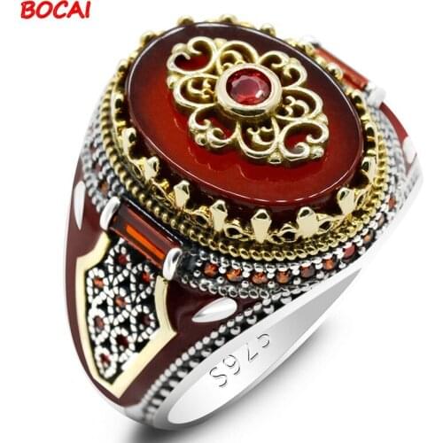 New 925 Silver Thai Silver Natural Red Agate and Black Agate Mens Ring