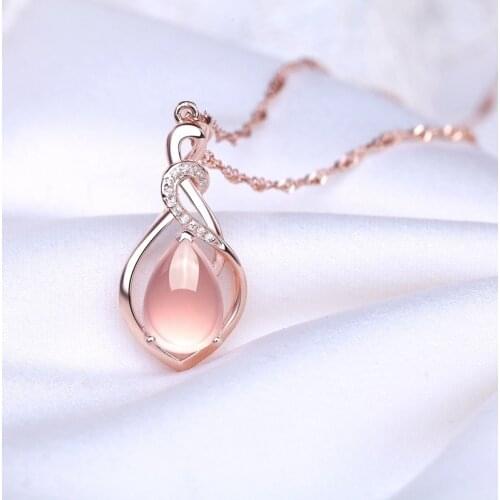 Natural Pink Chalcedony Hand Carved Water Drop 925 Silver Inlaid Pendant Fashion Jewelry Womens Necklace Accessories Earrings