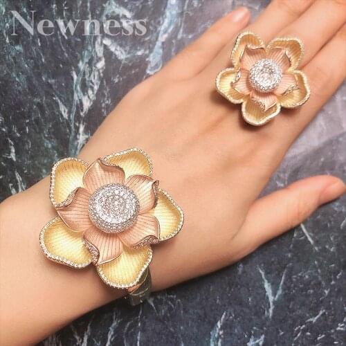 Newness Luxury Large Bloom Flower Bracelet Bangle and Ring Set for Women Engagement Wedding Party