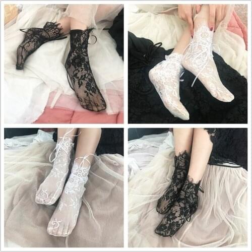 New Womens Socks Ribbon Ladies Transparent Floral Lace Socks Mesh Bow Black Fishnet Lace Flower Mesh Ankle Elastic Hosiery Sock