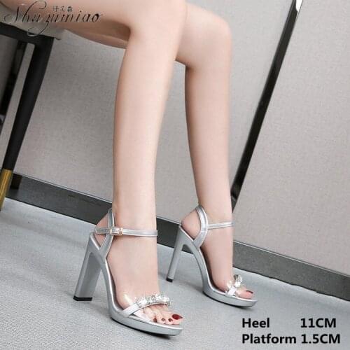 Pole Dancing Shoes Large Size Sexy Rhinestone Square Heel Thick Women 11CM Super High Heel Party Club Show Model Sandals Ladies