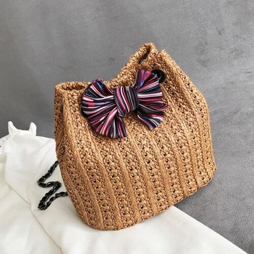 Handmade Woven Rattan Bucket Women Shoulder Bag Fashion Bow Crossbody Messenger Bags Female Straw Ladies Handbag Bolsa Feminin