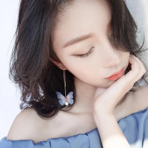 Simple classical fashion earrings with butterfly long ear line 2 pairs pearl asymmetric earrings girl student gifts