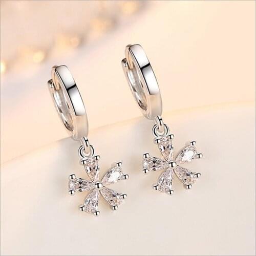 Real 925 Silver Sterling Flower Charming Shinning Rhinestone Drop Earrings Crystal Dangle Earring For Women FQL193238