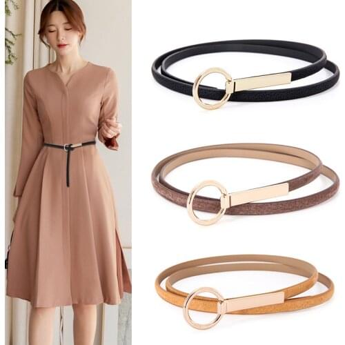 Genuine Pigskin Narrow Leather Belt Luxury Strap Dress & Skirt Belts Fashion Women Classic Matt Golden Round Buckle