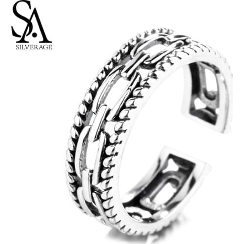 SA SILVERAGE Creative S925 Sterling Silver Old Hemp Chain Ring Retro Hollow Silver Ring Womens The Opening Is Adjustable 2021