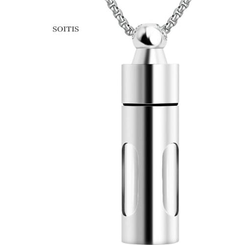 SOITIS Glass Decoration Internally Visible Cylinder Stainless Steel Chain Openable Pendant Cremation Ashes Fillabled Necklace
