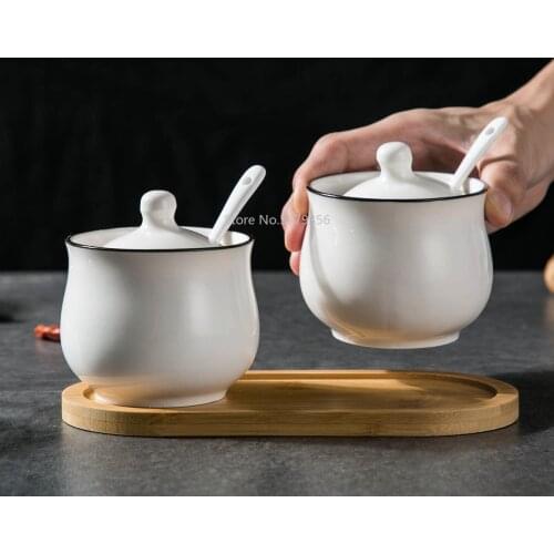 Creative Ceramic Seasoning Bottle Sugar Salt Bowl Seasoning Box Set With Spoon+Bamboo Stand Kitchen Storage Jar