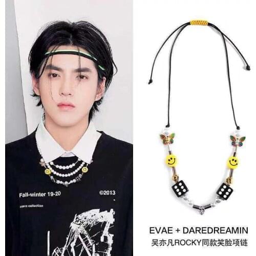 Wu Yifan Asap Rocky with the small crowd tide dice skull butterfly pearl ceramic smiley face necklace tide