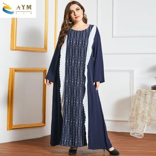Plus size womens round neck long sleeve fashion ruffled color stitching Muslim casual long skirt Elegant Middle East Popular