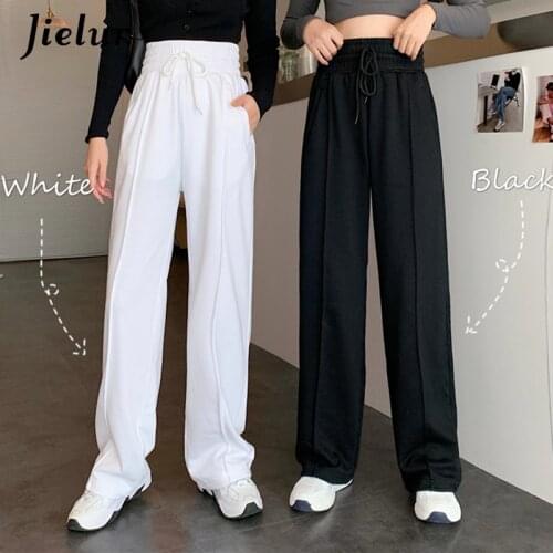 Jielur New High-waisted Pants Drawstring M-XL Wide Leg Pants Women Cool Black White Casual Harajuku BF Trendy Teens Trousers