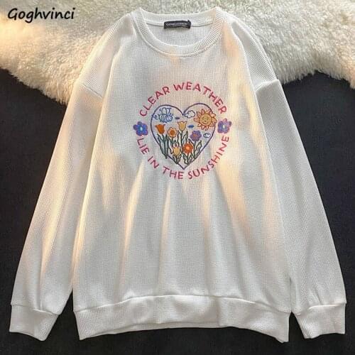 Women No Hat Hoodies Flower Embroidery Sweet Girls Loose Soft Teenagers Hipster Harajuku Leisure Females Sweatshirts New-arrival