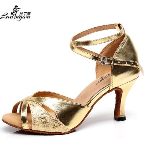 Ladingwu Golden PU and Flash Womens High Heel Shoes Party Ballroom Dance Shoes Salsa Latin Dancing Shoes Heels 6/7.5/8.5/10cm