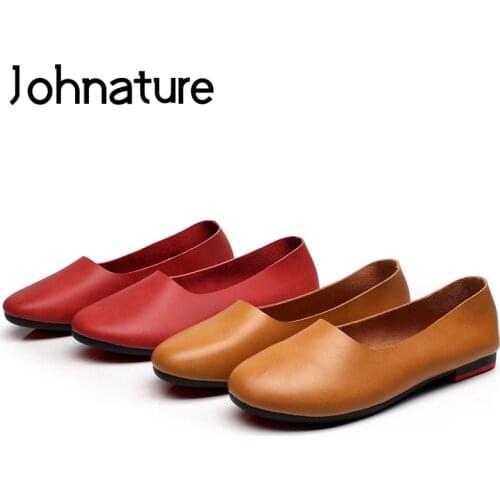 Johnature 2020 New Spring/autumn Handmade Genuine Leather Round Toe Shallow Solid Soft Sole Retro Loafers Women Flats Shoes