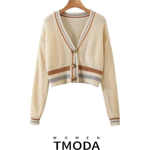 TMODA197 ZA Women 2021 Fashion Striped Patchwork Cropped Knitted Cardigan Sweater Vintage Long Sleeve Female Outerwear Chic Tops