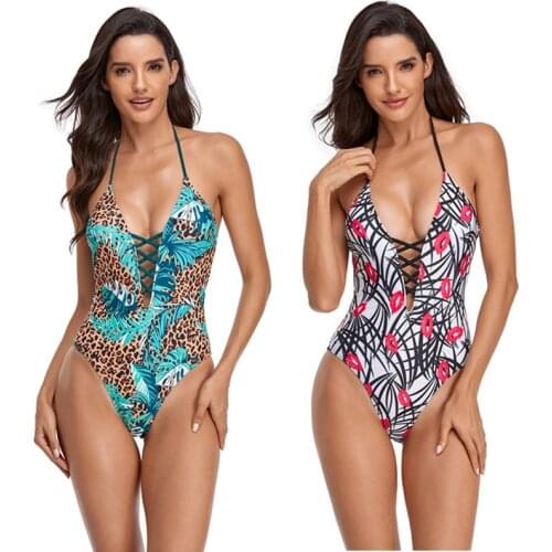 2021 Sexy One Piece Swimsuit Push Up Swimwear Deep V Neck Lace Up Sexy Bodysuits Women Monokini Adjustable Shoulder Swimsuit