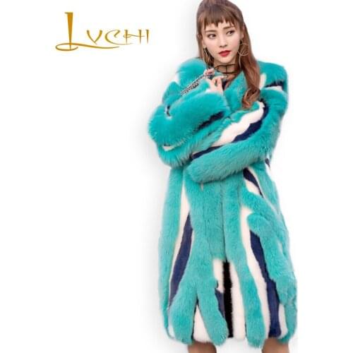 LVCHI Winter 2019 Imports Contrast Color Mink Coat Real Mink Fur Coat Natural Fur With Fox Fur Womens Long Patchwork Mink Coat