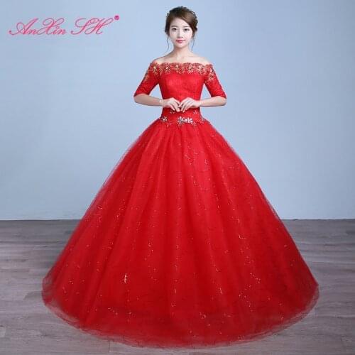 AXJFU red flower lace wedding Dress turkey princess half sleeve boat neck white flower lace beading crystal wedding dress