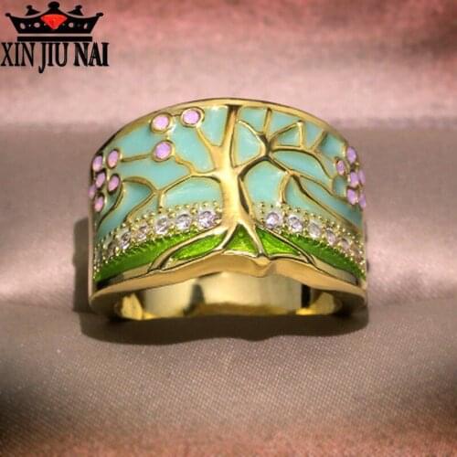 2020 New Plum Tree Ring Fashion 14K Gold Plated Pink Opal Green Enamel Wide Ring Womens Party Crystal Vintage Jewelry