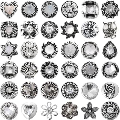 6pcs/lot Wholesale White Snap Button Jewelry Mixed Flower Heart Metal 18mm Snap Button for 20mm 18mm Snap Bracelets Bangles
