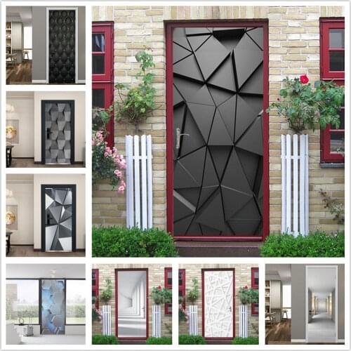 Black Geometric Door Sticker Self Stick Wallpaper Waterproof Renovation Posters Wood Grain Decals Home Design наклейка на дверь