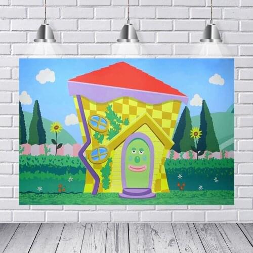 Background Photography Wiggle House Garden Floral Blue Sky Clouds Children Newborn Baby Shower Birthday Party Photo Backdrop
