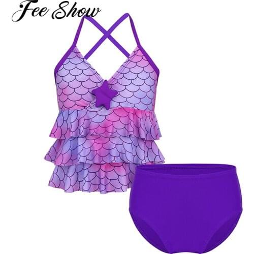 2PCS Kids Girls Summer Swimwear Bathing Suit Tankini Set Mermaid Scales Print Bikini Swimsuit Beachwear Tops with Bottoms