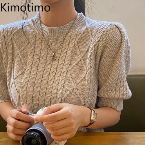 Kimotimo Puff Sleeve Crop Sweater Women Korean Chic All-match O-neck Hemp Pattern Pullover Summer Casual Short Sleeve Sweaters