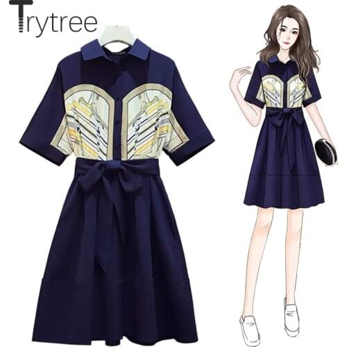 Trytree Summer Womens Dress Casual Turn-down Collar Printed Patchwork Buttons Shirt Dress Belt Knee-length A-line Office Lady