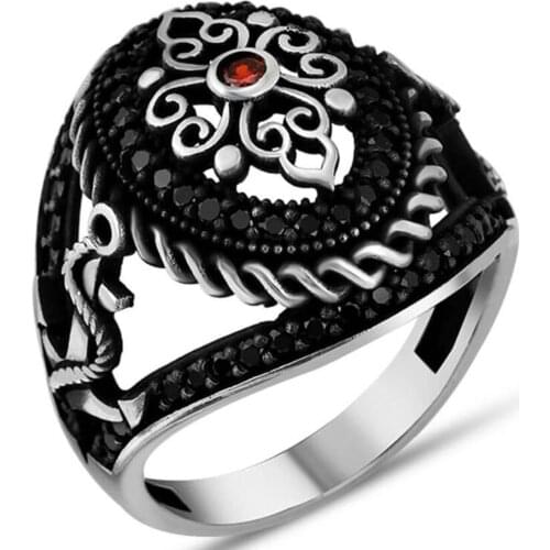 Solid 925 Sterling Silver Black Micro Stone Sailors Anchor Mens Ring