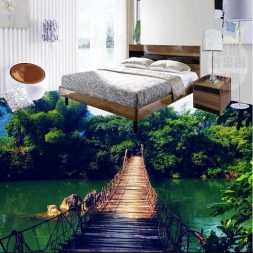 Beibehang large mural wooden bridge bamboo sky water white clouds landscape 3D stereo floor thickening wear pvc plastic film