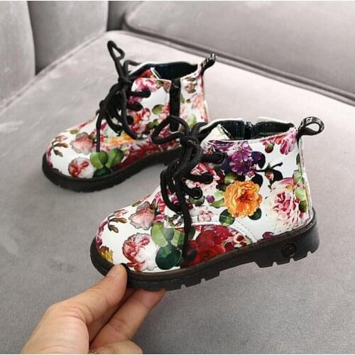 New Children Print Martin Boots Autumn Winter Kids Girls Flat Heel Warm Boots PU Snow Boots Girls Short Fashion Boots