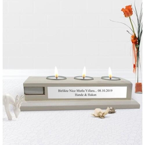 Personalized Mail Decorative 3'lü Natural Wooden Candle Holder-Vintage White