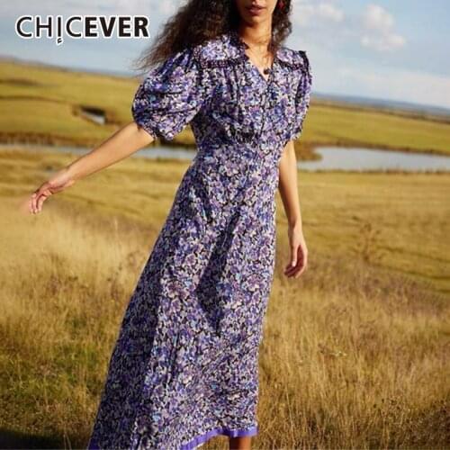 CHICEVER Print Dress For Women V Neck Puff Short Sleeve Hit Color Floral Vintage A Line Elegant Dresses Female 2021 Summer New