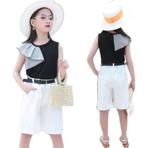 Summer short Pants for baby girls t-shirt+shorts 2pcs/set 2-11Y kids chiffon shirt fashion outwear teenage white pants school