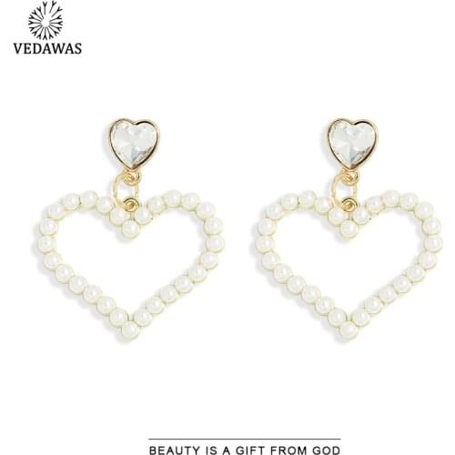 Vedawas Korean Pearls Cute Heart Earrings for Women Romantic Star Shiny Drop Earrings Wedding Jewelry Girlfriend Gifts Bijoux