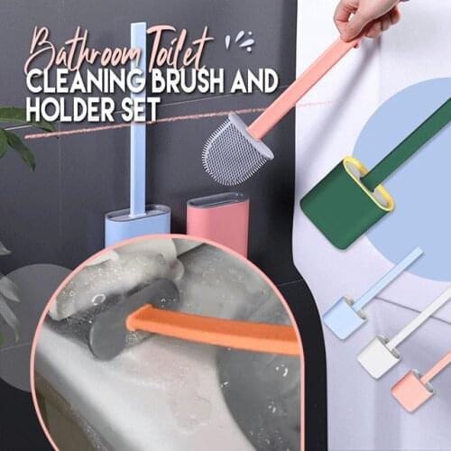 Toilet Brush Water Leak Proof With base Silicone Flat Head Flexible Soft Bristles Brush with Quick Drying Holder Dropshipping