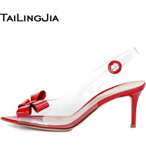 Pointed Toe Clear PVC High Heels Women Bowknot Party Pumps Slingbacks Shoes Ladies Elegant Large Size Red Patent Leather Shoe
