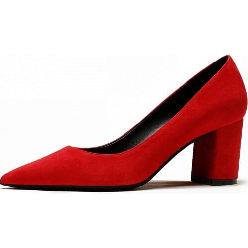 Womens Kid Suede Leather High Heels New Casual Office Pumps Classic Black Pink Nlue Pumps For Woman Ladies Shoes Big Size A011