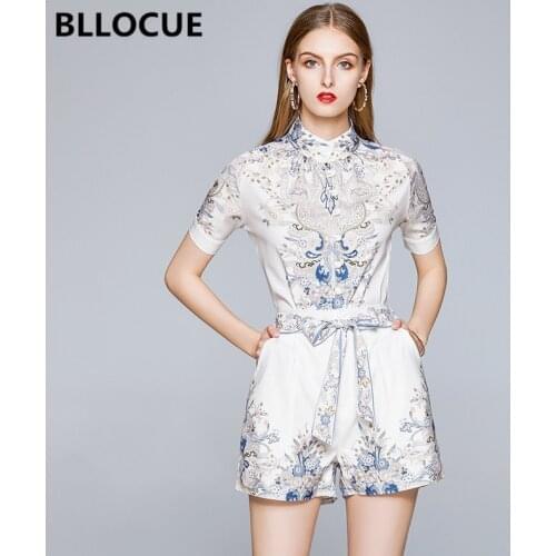 BLLOCUE Summer Vintage Print Suit Women Stand collar Short Sleeve Shirt Blouse + Belt Pocket Shorts Suits Two Pieces Set