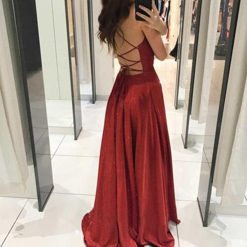 2021 Women A-Line Dress Spaghetti Straps Tea-Length Red Satin Prom Homecoming Dresses Sparkly Sexy Hollow Night Dress Vestidos