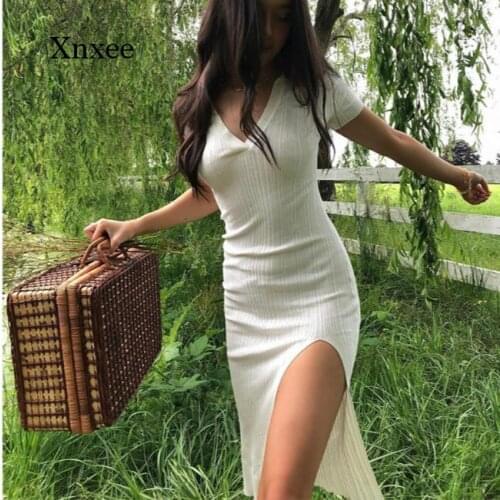 2021 Sexy V-neck Short-sleeved Knit Bodycon Dress Women Casual Summer Slim Elastic High Split Mid-calf Ribbed Long Dress Vestido