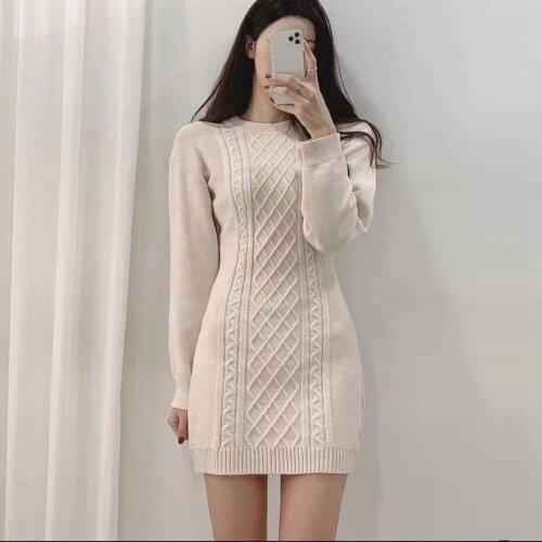 Mini Sweater Dress 2021 Autumn Winter Women Slim Waist Twist Backless Round Neck Pullover Jumper Geometric Pattern Knitted Dress