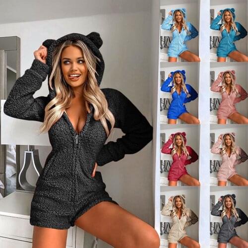Winter Warm Pyjamas Women Onesies Fluffy Fleece Jumpsuits Sleepwear Overall Hood Sets Pajamas For Women Adult macacao feminino