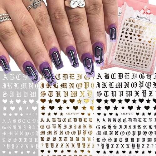 1/3Pcs Nail Art Stickers 3D Letters Decal Stickers White Black Gold Laser Self Adhesive Sticker Nail Decals Nail Art Decorations