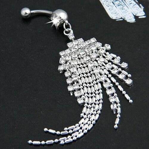 1Pc New Tassel Navel Piercing Crystal Rhinestone Dangle Belly Button Ring 316L Surgical Steel Fashion Body Jewelry Clear Gem