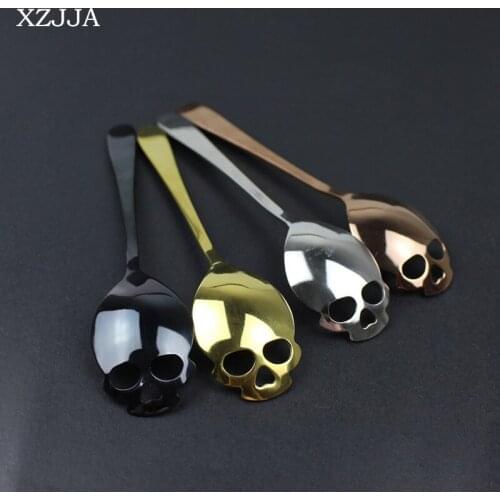 XZJJA 2pcs Stainless Steel Sugar Skull Spoon Creative Cutlery Dessert Coffee Scoop Food Grade Candy Teaspoon Tableware Colheres