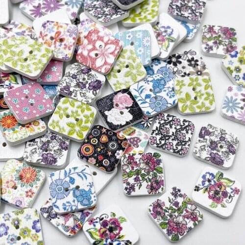 30/50/100Pcs White Square Print Flowers Wood Buttons Clothing Sewing Tool 15mm WB734