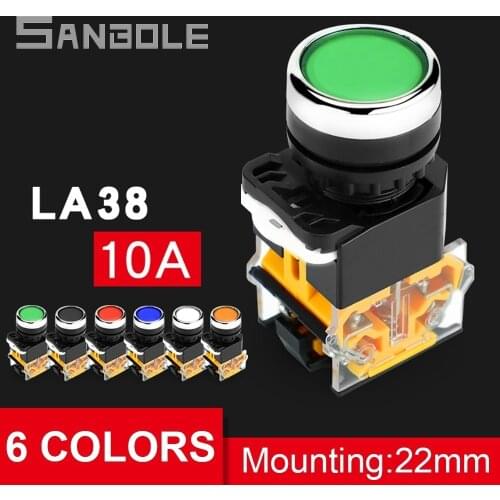 5PCS) LA38-11BN Push Button Switch Power Supply Start-up Stop Self-locking/Reset Point Action Flat Knob BNZS Switches 22mm