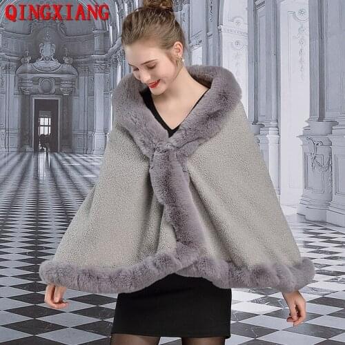 8 Color 2021 Grey Granular Velvet Shawl Off Shoulder Big Faux Rabbit Fur Short Ourstreet Wear Big Pendulum Cloak String Fur Coat